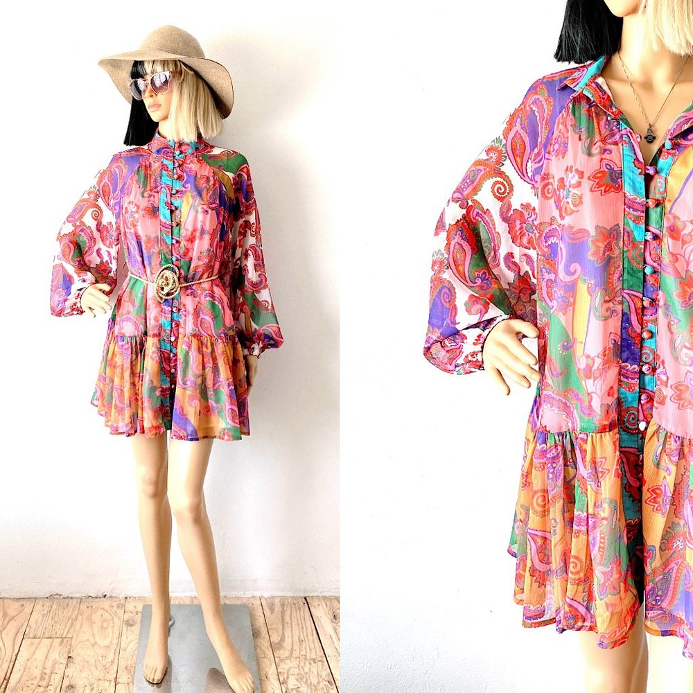 Colorful Babydoll Dress | L'atiste Dress | Flowy Dress | Drop Waist Dress  S / M